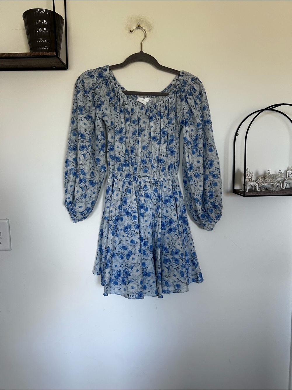 ASTR the Label Blue Floral Print Long Puff Sleeve Mini Dress Size XS